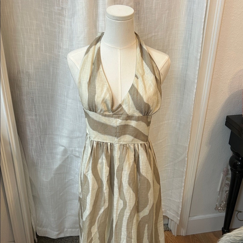 Banana Republic Elegant Linen Halter Neck Beige and White Zebra Dress.
